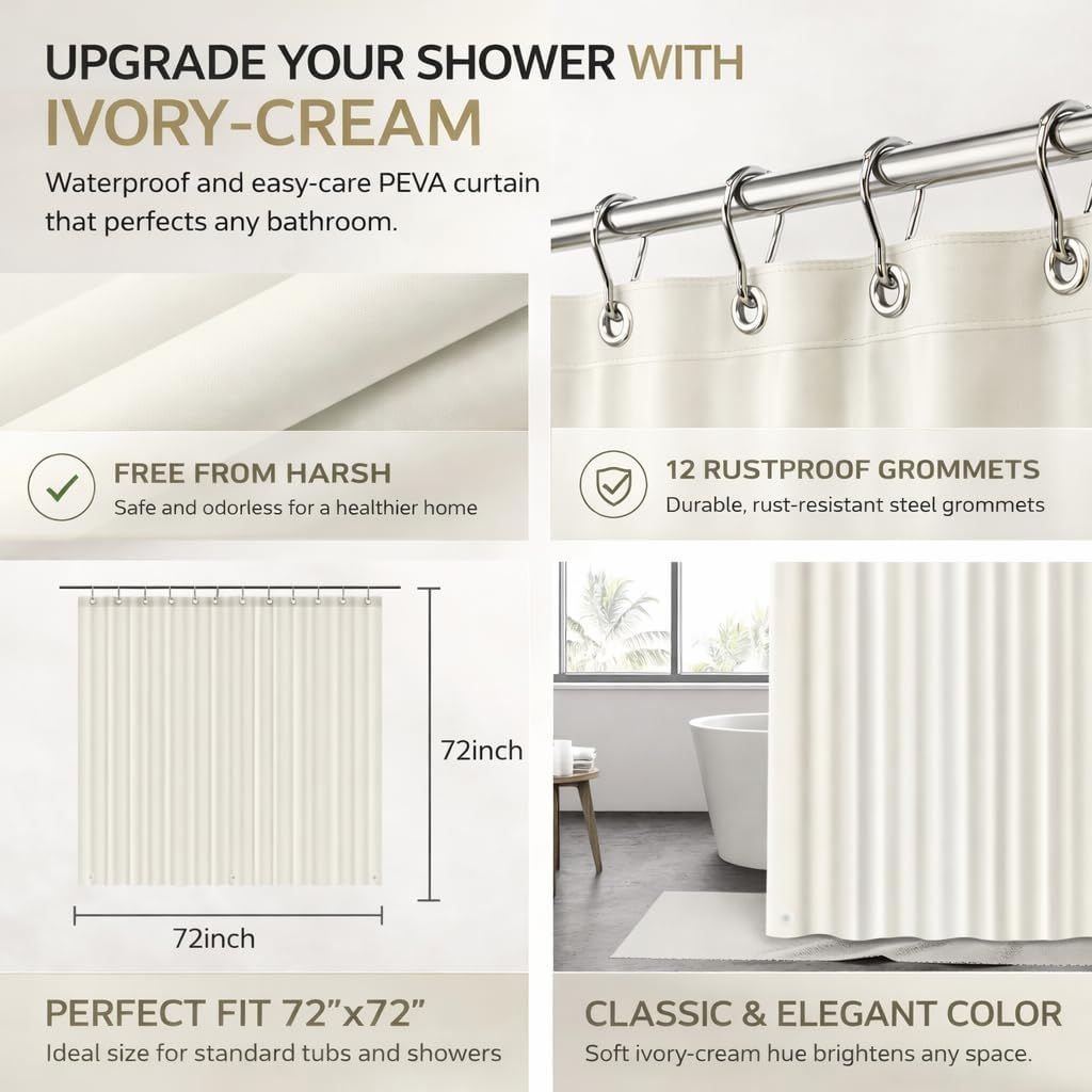 Cream Shower Curtain Liner 72x72, PEVA Waterproof Bath Curtain, No Chemical Smell, 3 Weighted Magnets, Durable with Rustproof Metal Grommets - MC Online