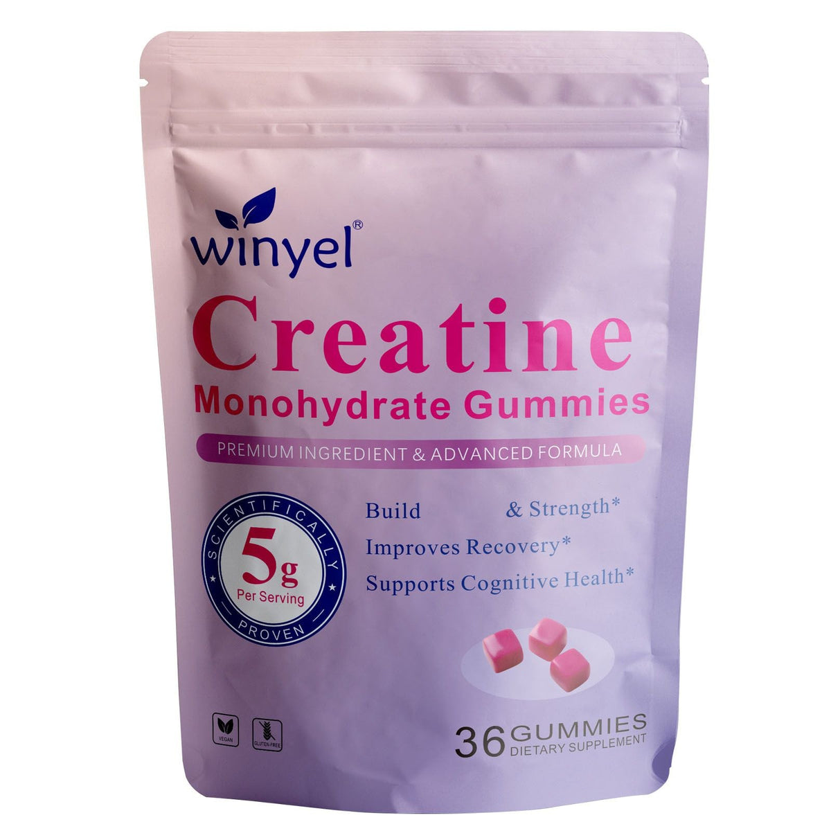 Creatine monohydrate gummies, 5 grams per serving, sugar-free creatine gummies, suitable for workouts, strength, cognitive health, and muscle support, gluten-free, berry-enhanced, 36 gummies. - MC Online