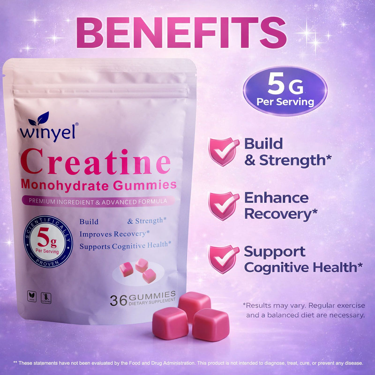 Creatine monohydrate gummies, 5 grams per serving, sugar-free creatine gummies, suitable for workouts, strength, cognitive health, and muscle support, gluten-free, berry-enhanced, 36 gummies. - MC Online