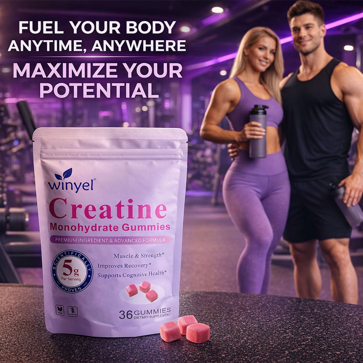 Creatine monohydrate gummies, 5 grams per serving, sugar-free creatine gummies, suitable for workouts, strength, cognitive health, and muscle support, gluten-free, berry-enhanced, 36 gummies. - MC Online