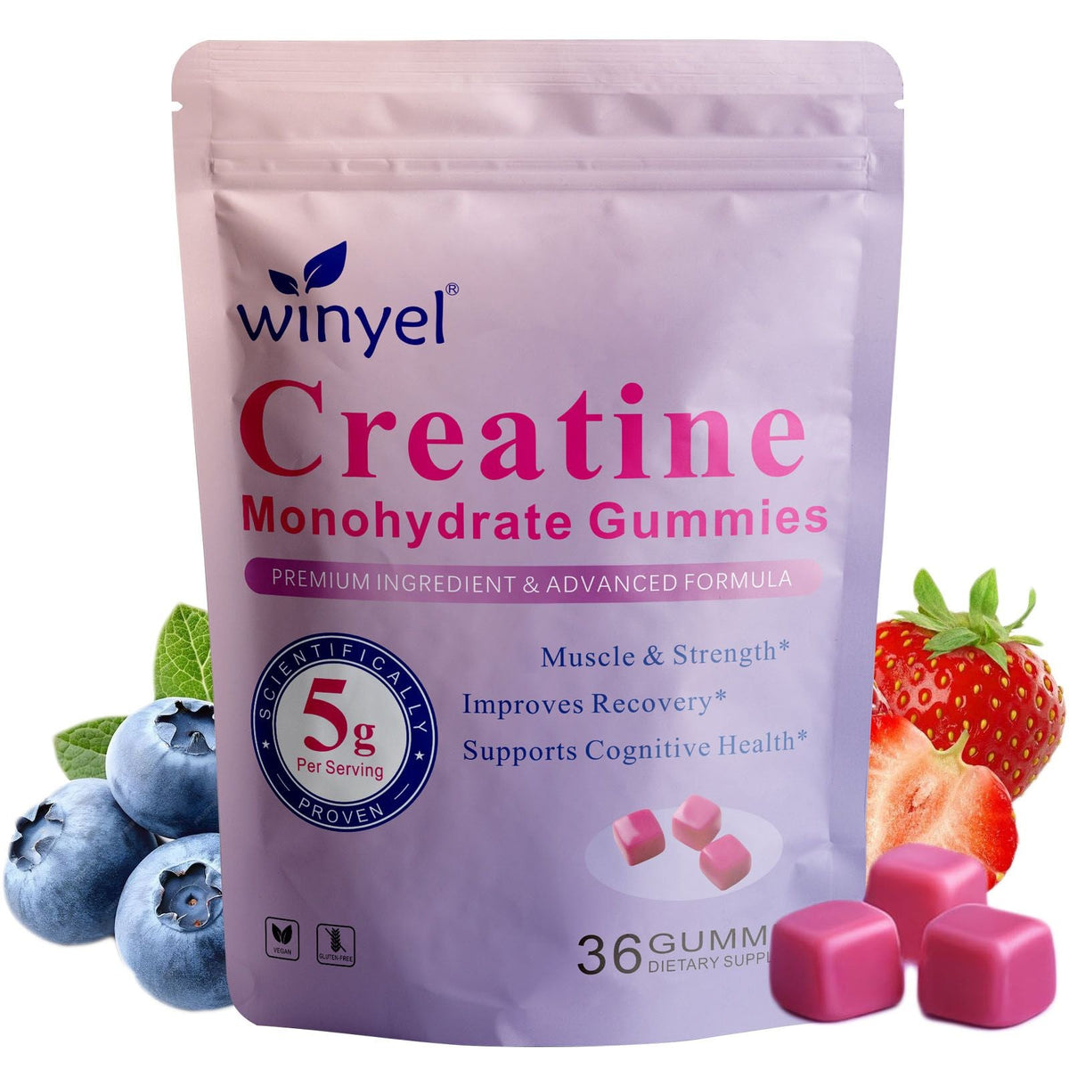 Creatine monohydrate gummies, 5 grams per serving, sugar-free creatine gummies, suitable for workouts, strength, cognitive health, and muscle support, gluten-free, berry-enhanced, 36 gummies. - MC Online