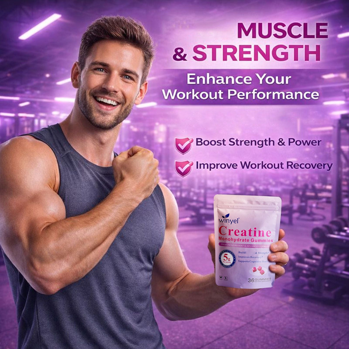 Creatine monohydrate gummies, 5 grams per serving, sugar-free creatine gummies, suitable for workouts, strength, cognitive health, and muscle support, gluten-free, berry-enhanced, 36 gummies. - MC Online