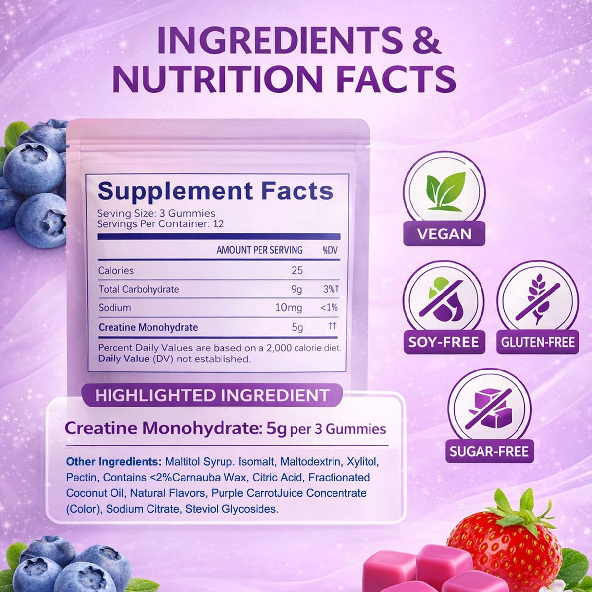Creatine monohydrate gummies, 5 grams per serving, sugar-free creatine gummies, suitable for workouts, strength, cognitive health, and muscle support, gluten-free, berry-enhanced, 36 gummies. - MC Online