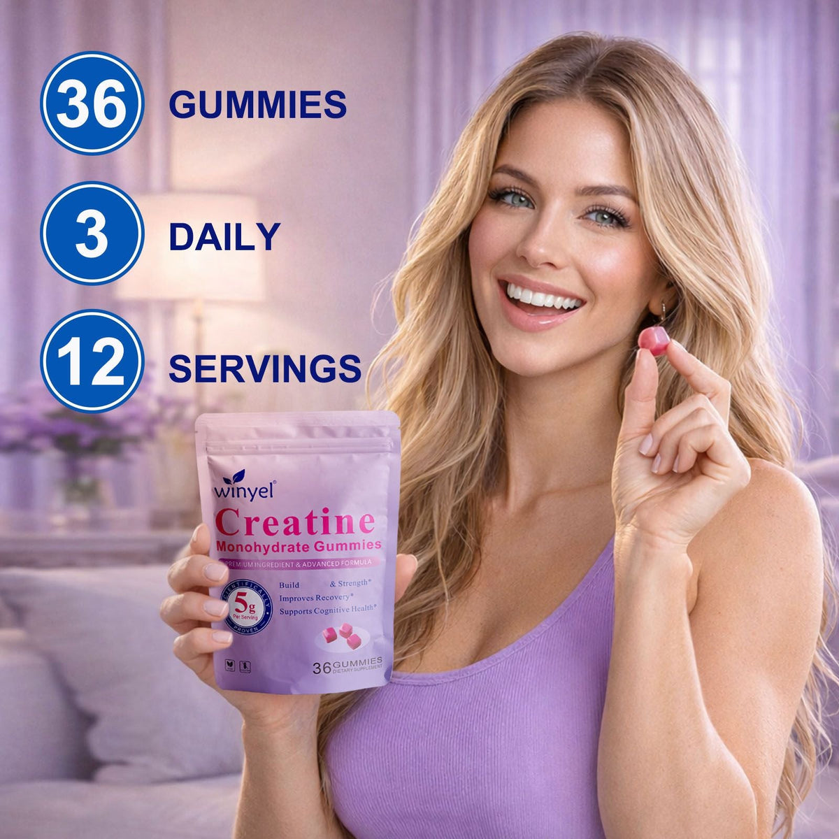 Creatine monohydrate gummies, 5 grams per serving, sugar-free creatine gummies, suitable for workouts, strength, cognitive health, and muscle support, gluten-free, berry-enhanced, 36 gummies. - MC Online
