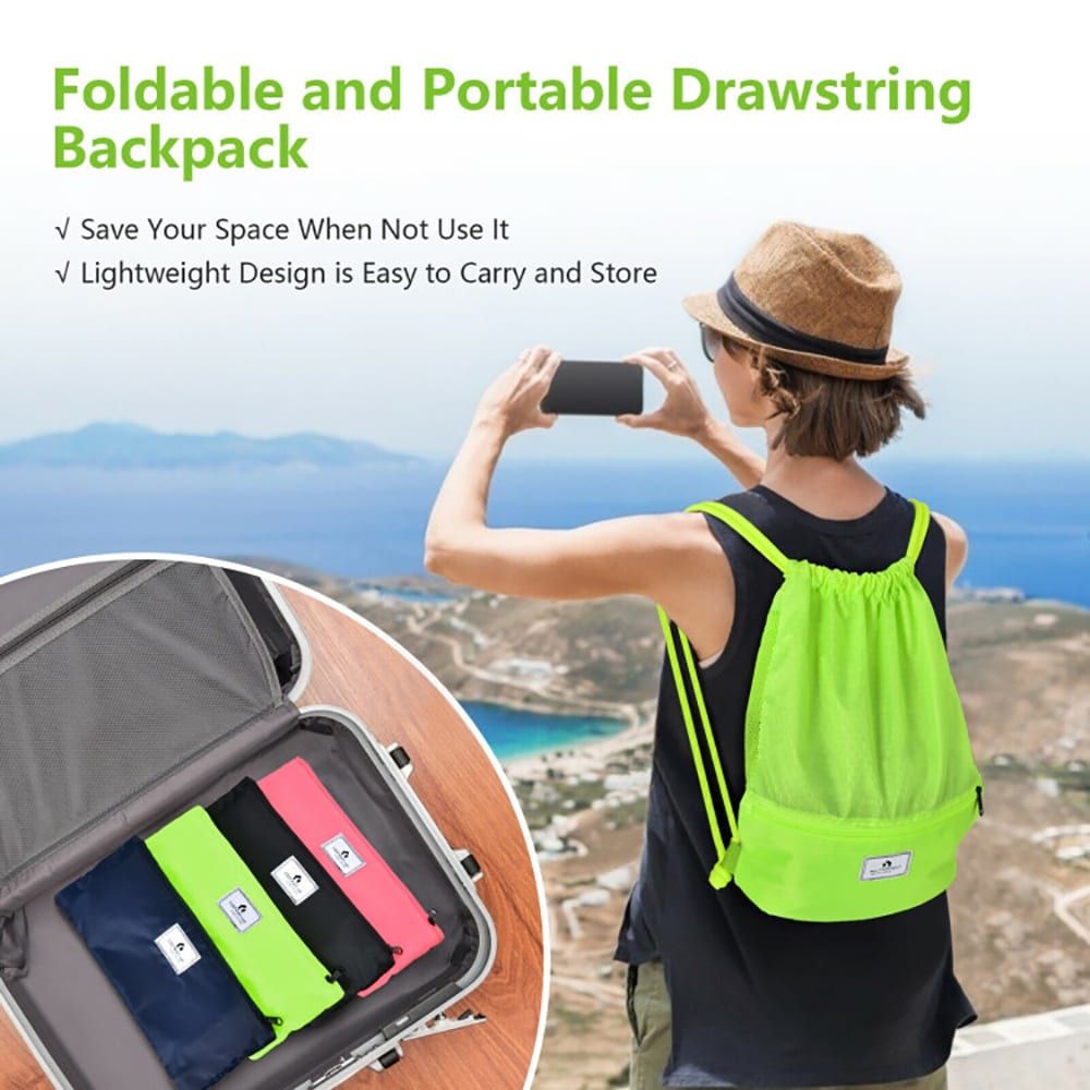 Drawstring Backpack String Bag Foldable Sports Sack with Zipper Pocket - MC Online
