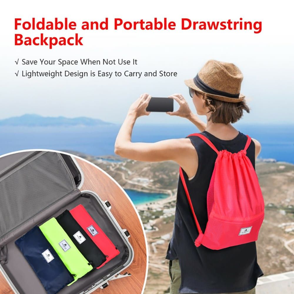 Drawstring Backpack String Bag Foldable Sports Sack with Zipper Pocket - MC Online