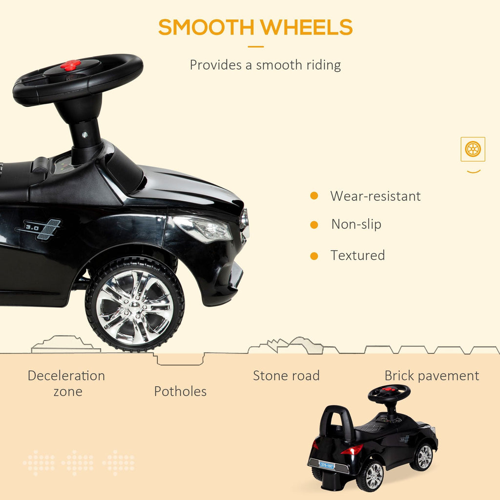 Kids Ride On Push Car, Foot-to-Floor Walking Sliding Toy Car for Toddler with Working Horn, Music, Headlights and Storage, Black - MC Online
