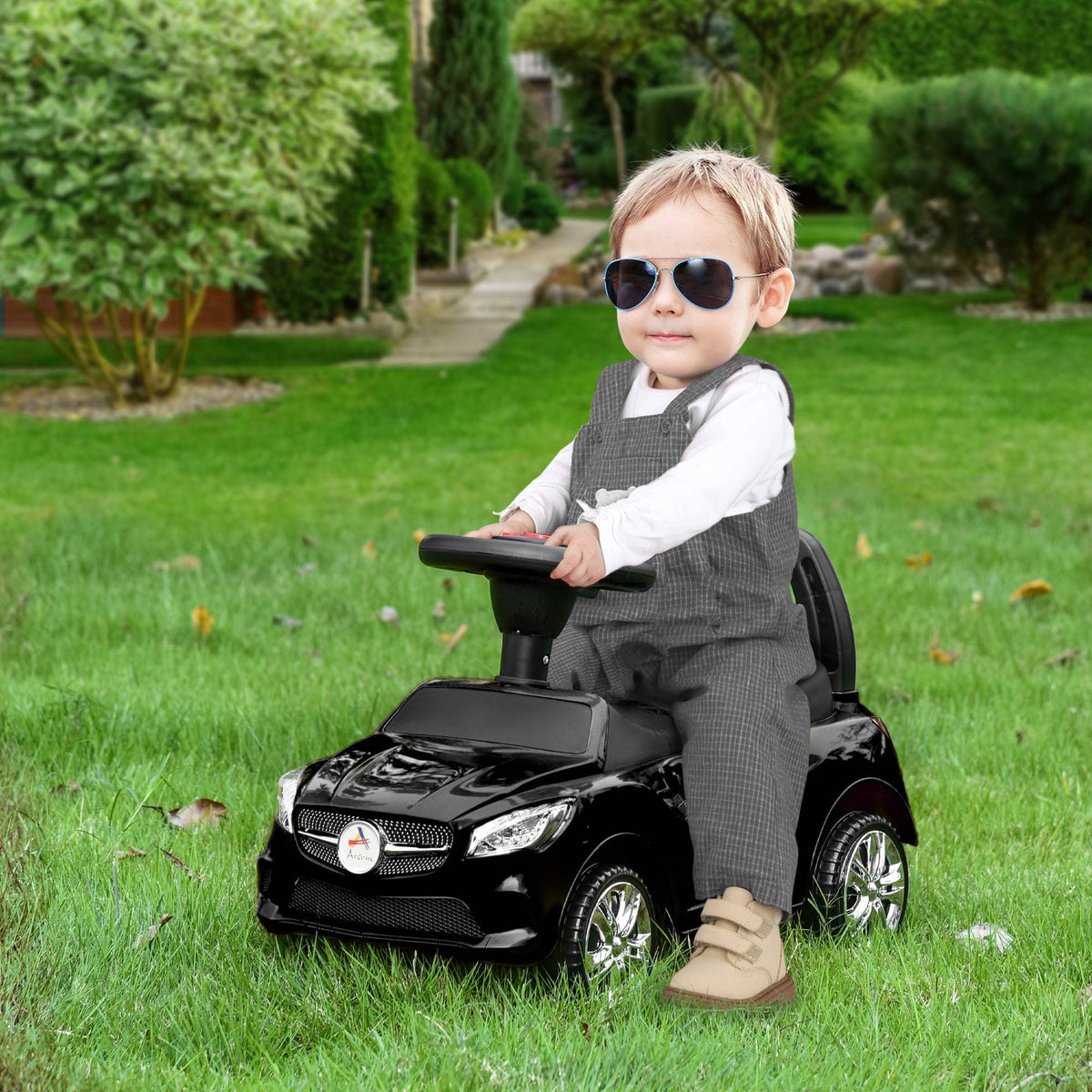 Kids Ride On Push Car, Foot-to-Floor Walking Sliding Toy Car for Toddler with Working Horn, Music, Headlights and Storage, Black - MC Online
