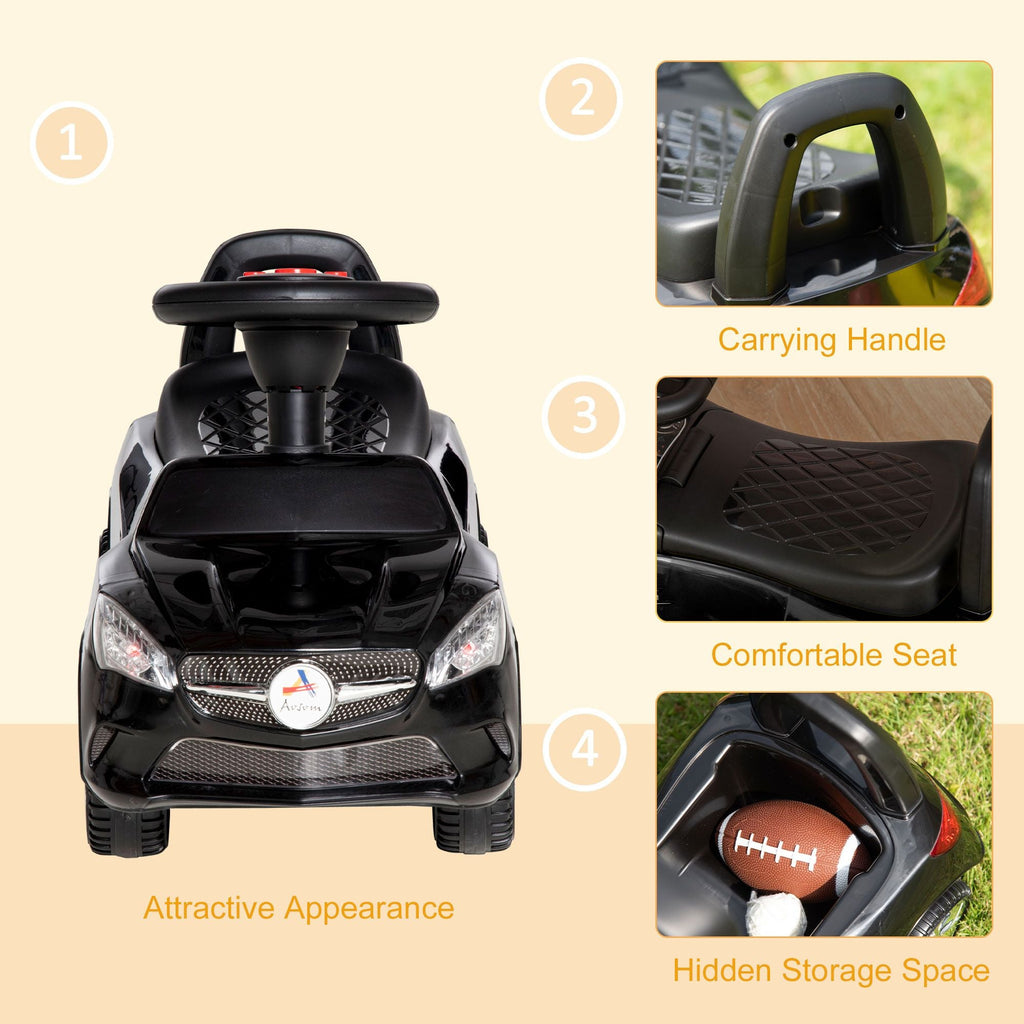 Kids Ride On Push Car, Foot-to-Floor Walking Sliding Toy Car for Toddler with Working Horn, Music, Headlights and Storage, Black - MC Online