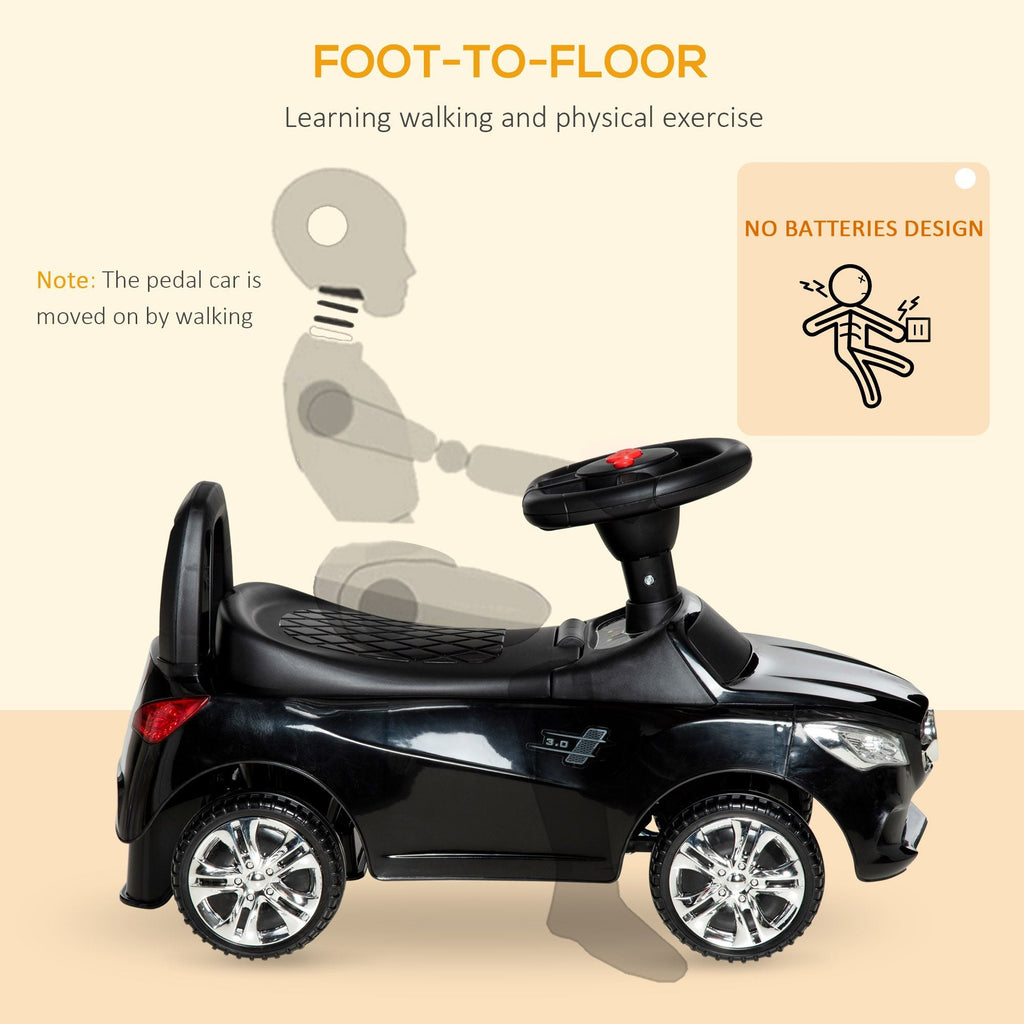 Kids Ride On Push Car, Foot-to-Floor Walking Sliding Toy Car for Toddler with Working Horn, Music, Headlights and Storage, Black - MC Online