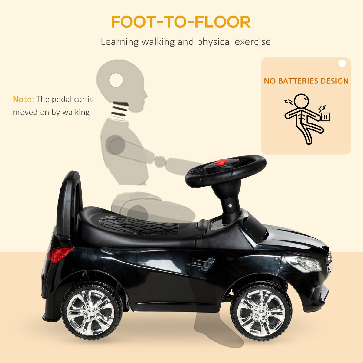 Kids Ride On Push Car, Foot-to-Floor Walking Sliding Toy Car for Toddler with Working Horn, Music, Headlights and Storage, Black - MC Online