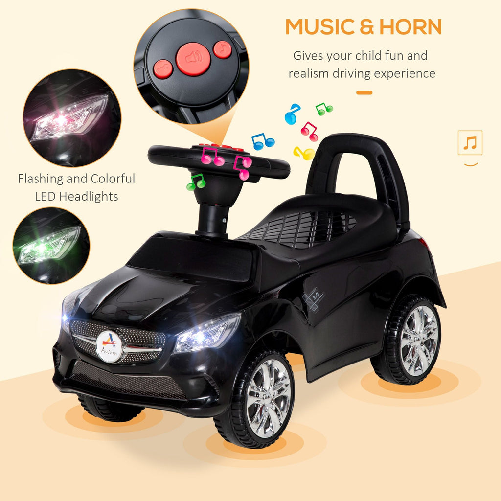 Kids Ride On Push Car, Foot-to-Floor Walking Sliding Toy Car for Toddler with Working Horn, Music, Headlights and Storage, Black - MC Online
