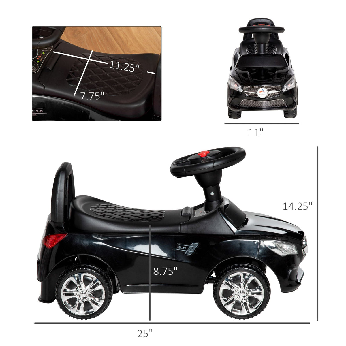 Kids Ride On Push Car, Foot-to-Floor Walking Sliding Toy Car for Toddler with Working Horn, Music, Headlights and Storage, Black - MC Online
