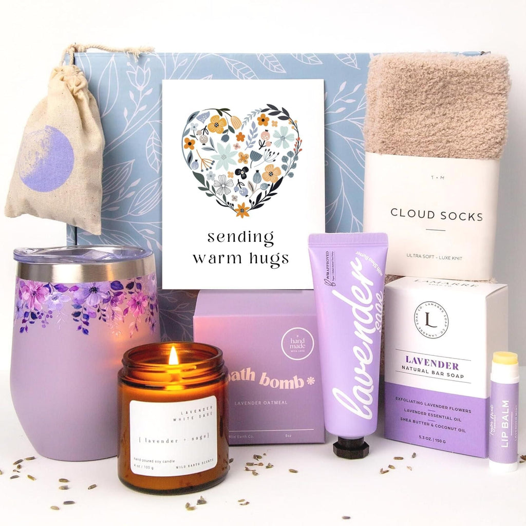 Lavender Spa Gift Basket For Women Relaxation Gifts Self Care Package with Lavender Scented Candle Wine Tumbler Bath Bomb Soap Socks Hand Cream & Bonus Card Sympathy Gift - MC Online