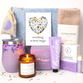 Lavender Spa Gift Basket For Women Relaxation Gifts Self Care Package with Lavender Scented Candle Wine Tumbler Bath Bomb Soap Socks Hand Cream & Bonus Card Sympathy Gift - MC Online