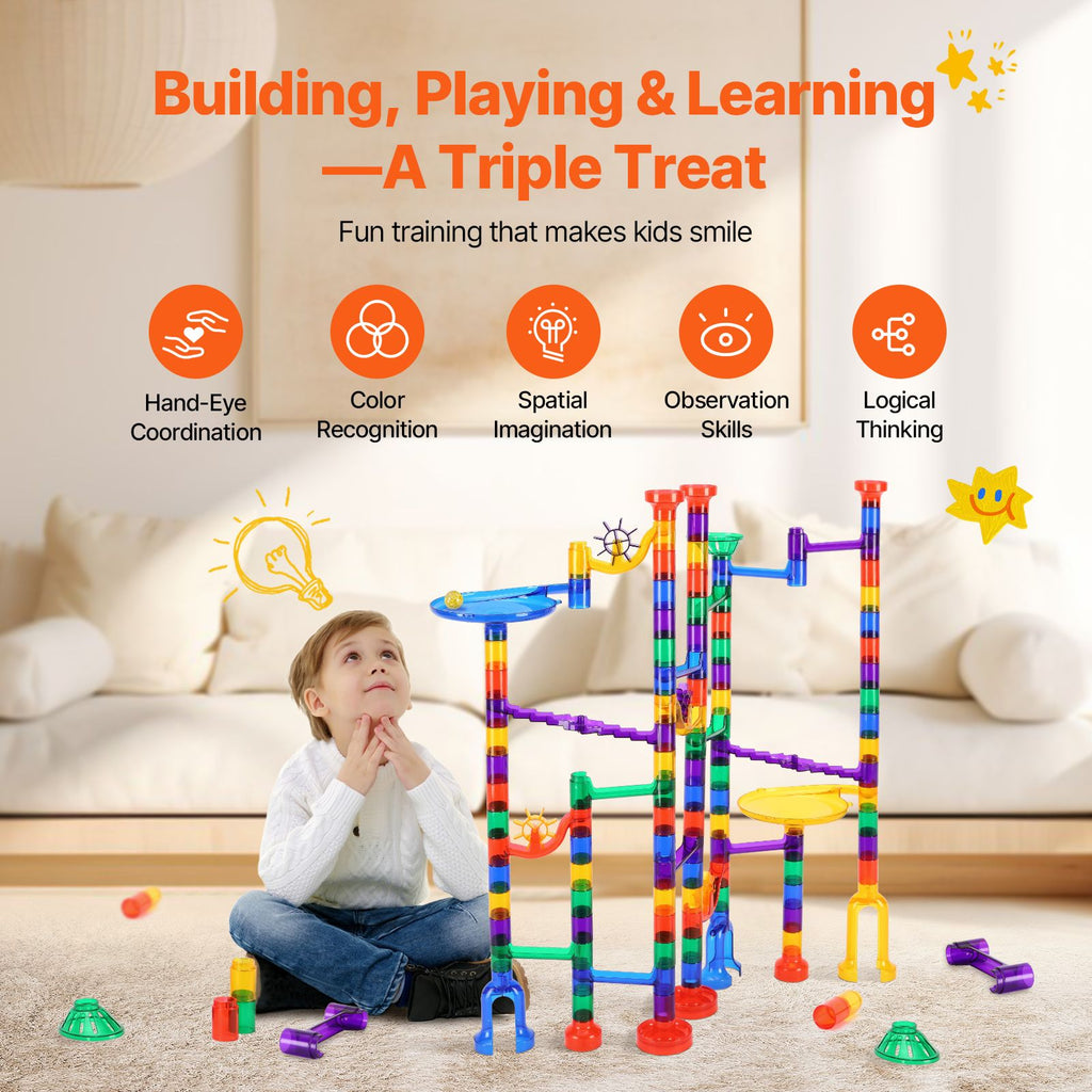 Marble Run Set, 145 Piece Marble Maze Building Block Brain Game, with 5 Glow in the Dark Marbles + 40 Glass Marbles, Educational Learning Race Track STEM Toys, for Kids, Boys, Girls Ages 3 + - MC Online