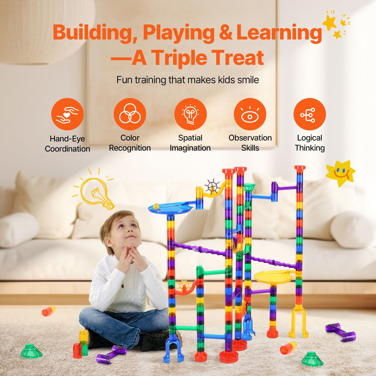 Marble Run Set, 145 Piece Marble Maze Building Block Brain Game, with 5 Glow in the Dark Marbles + 40 Glass Marbles, Educational Learning Race Track STEM Toys, for Kids, Boys, Girls Ages 3 + - MC Online