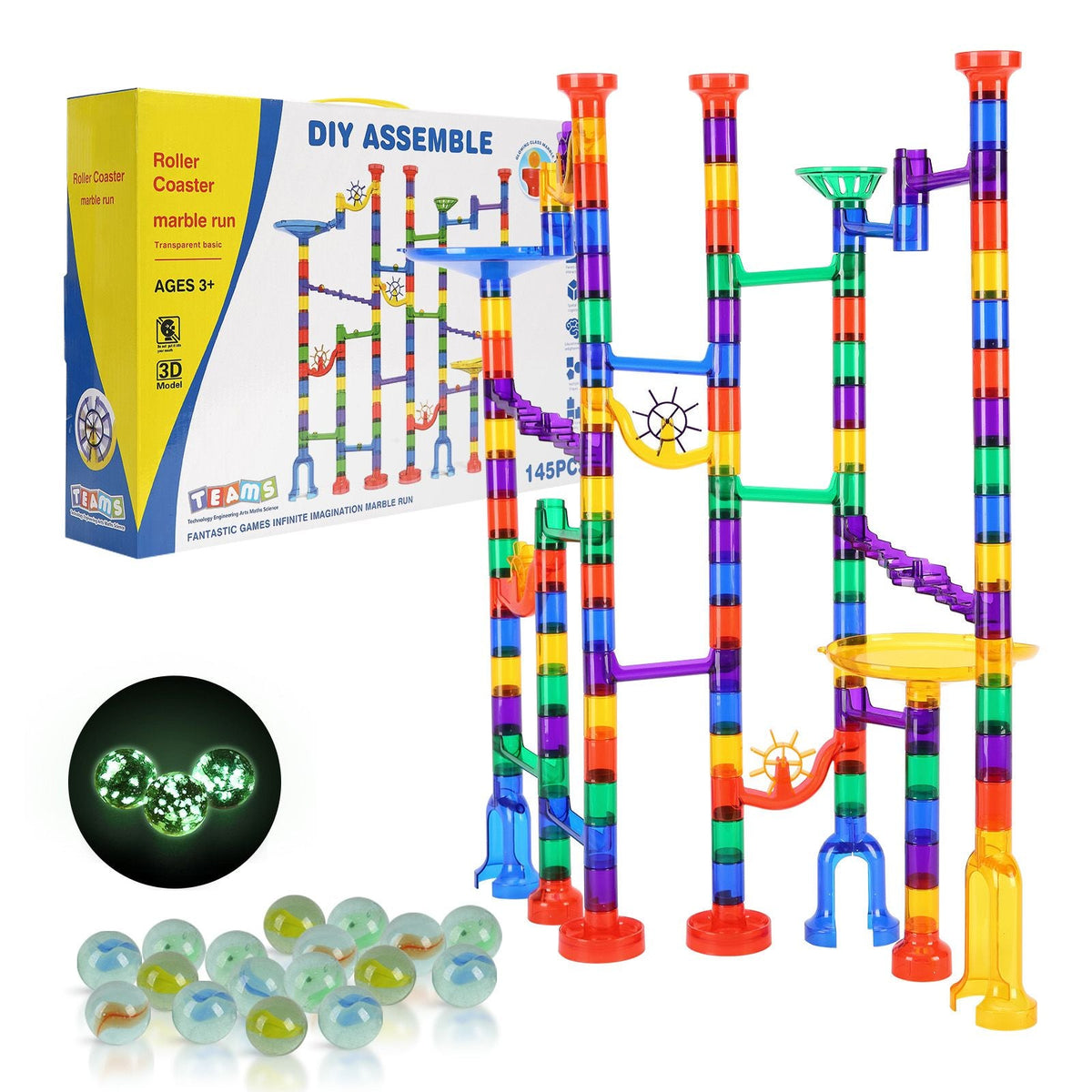 Marble Run Set, 145 Piece Marble Maze Building Block Brain Game, with 5 Glow in the Dark Marbles + 40 Glass Marbles, Educational Learning Race Track STEM Toys, for Kids, Boys, Girls Ages 3 + - MC Online