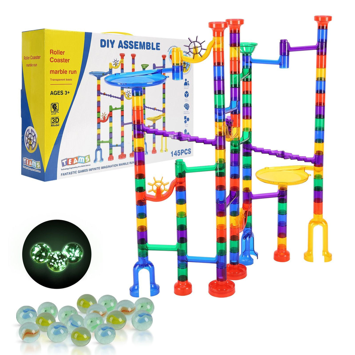 Marble Run Set, 145 Piece Marble Maze Building Block Brain Game, with 5 Glow in the Dark Marbles + 40 Glass Marbles, Educational Learning Race Track STEM Toys, for Kids, Boys, Girls Ages 3 + - MC Online