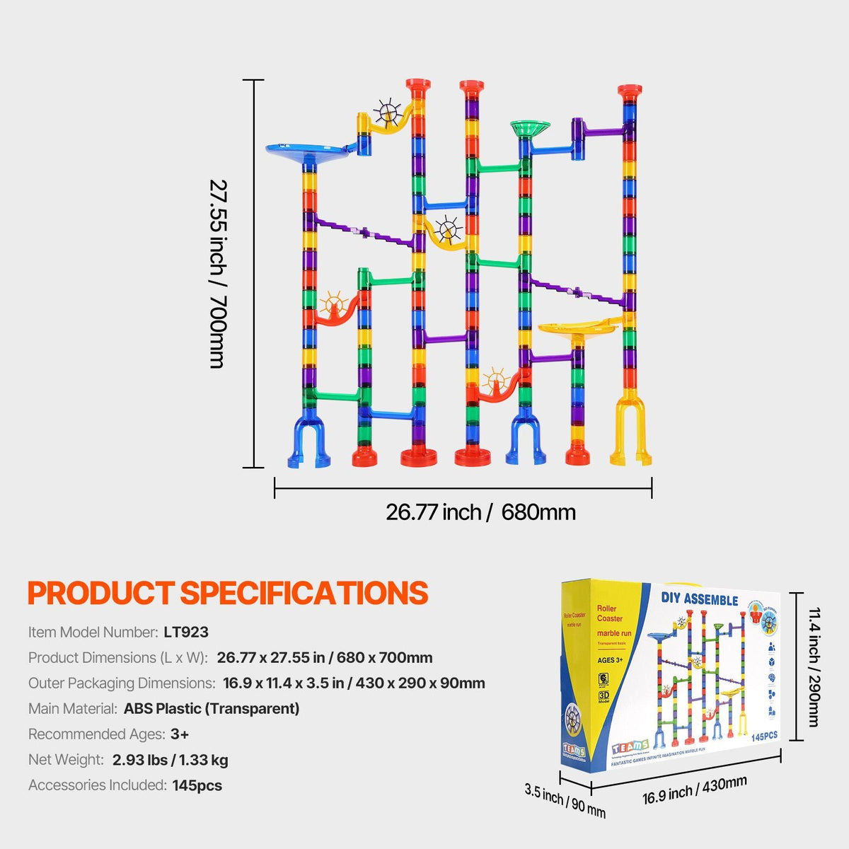 Marble Run Set, 145 Piece Marble Maze Building Block Brain Game, with 5 Glow in the Dark Marbles + 40 Glass Marbles, Educational Learning Race Track STEM Toys, for Kids, Boys, Girls Ages 3 + - MC Online