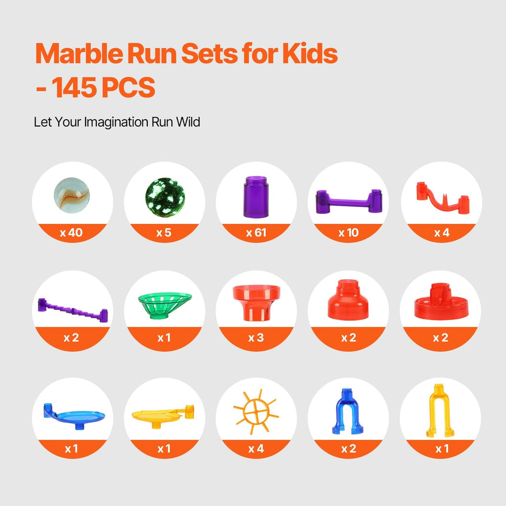 Marble Run Set, 145 Piece Marble Maze Building Block Brain Game, with 5 Glow in the Dark Marbles + 40 Glass Marbles, Educational Learning Race Track STEM Toys, for Kids, Boys, Girls Ages 3 + - MC Online
