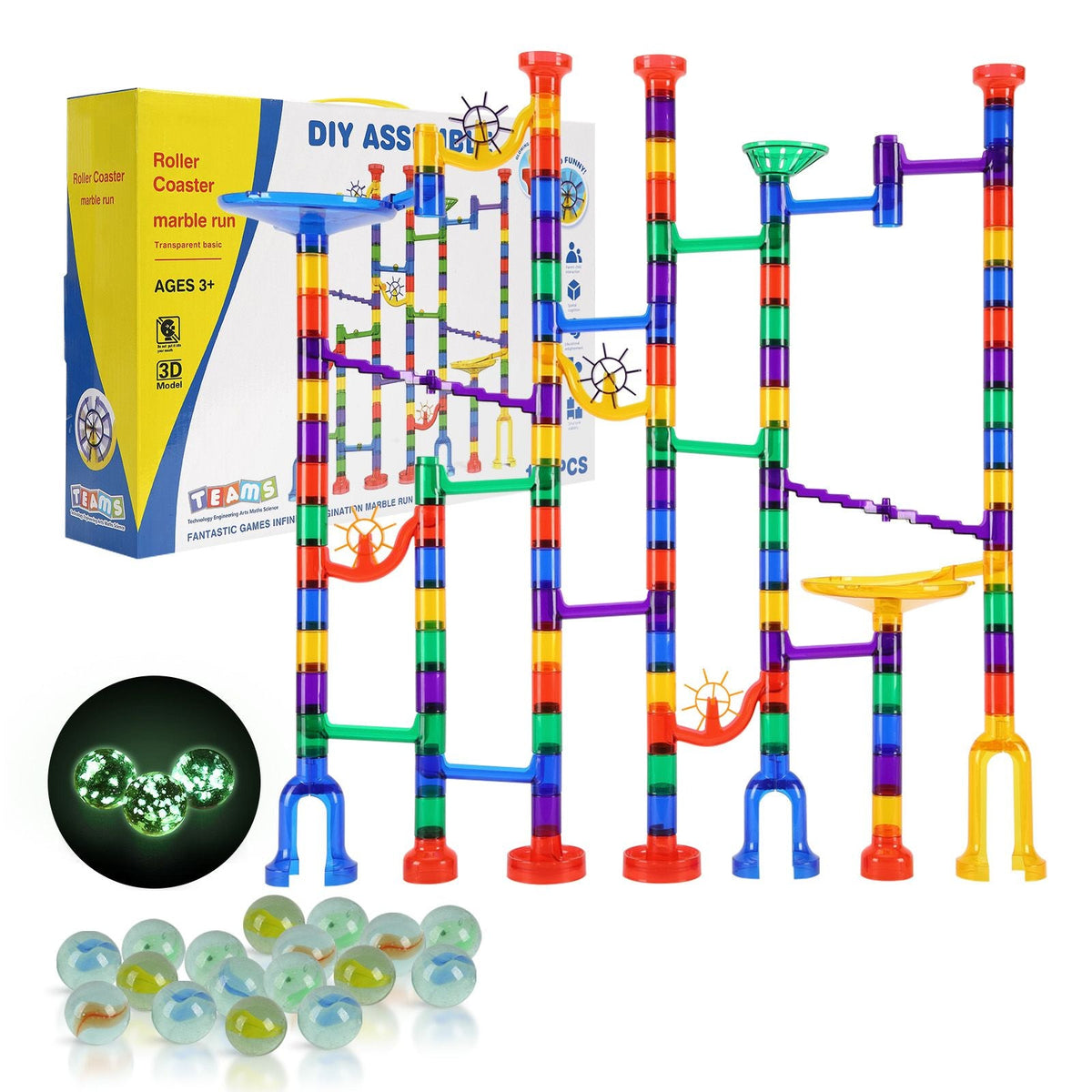 Marble Run Set, 145 Piece Marble Maze Building Block Brain Game, with 5 Glow in the Dark Marbles + 40 Glass Marbles, Educational Learning Race Track STEM Toys, for Kids, Boys, Girls Ages 3 + - MC Online