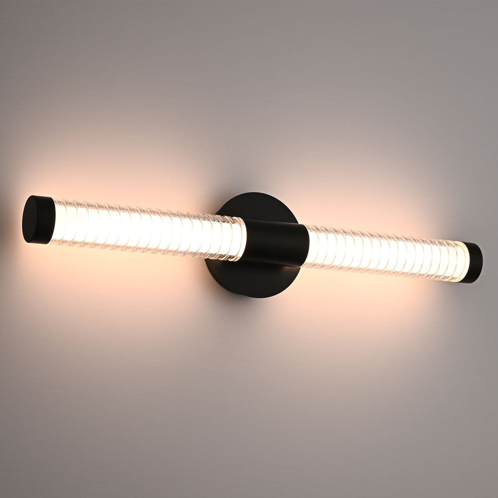 Modern Minimalist LED Vanity Wall Sconce-Matte Black Metal with Ribbed Acrylic Diffuser, Dimmable Warm White Light for Bathroom, Bedroom & Hallway - MC Online