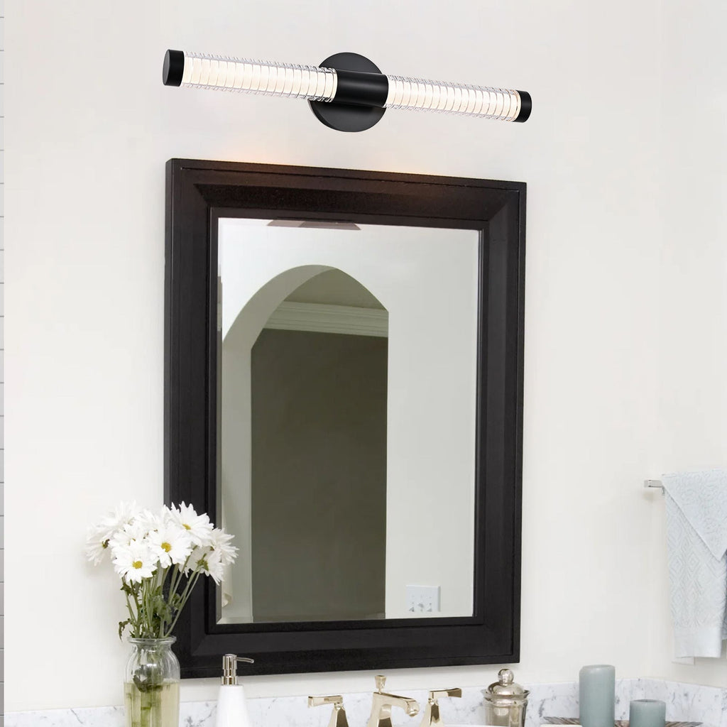 Modern Minimalist LED Vanity Wall Sconce-Matte Black Metal with Ribbed Acrylic Diffuser, Dimmable Warm White Light for Bathroom, Bedroom & Hallway - MC Online