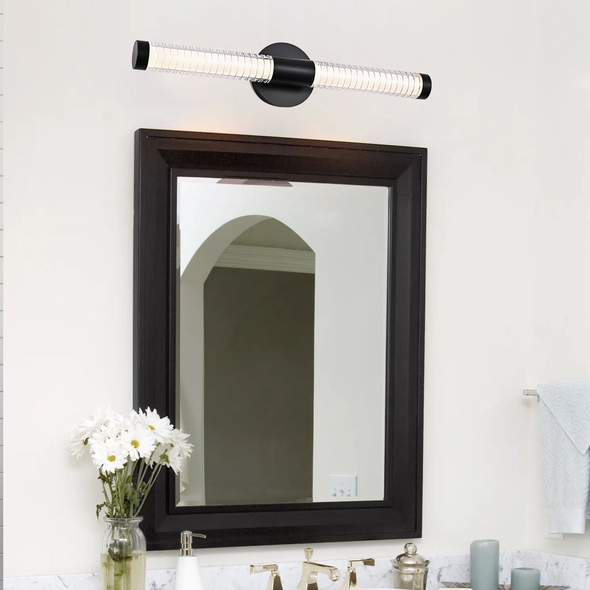 Modern Minimalist LED Vanity Wall Sconce-Matte Black Metal with Ribbed Acrylic Diffuser, Dimmable Warm White Light for Bathroom, Bedroom & Hallway - MC Online