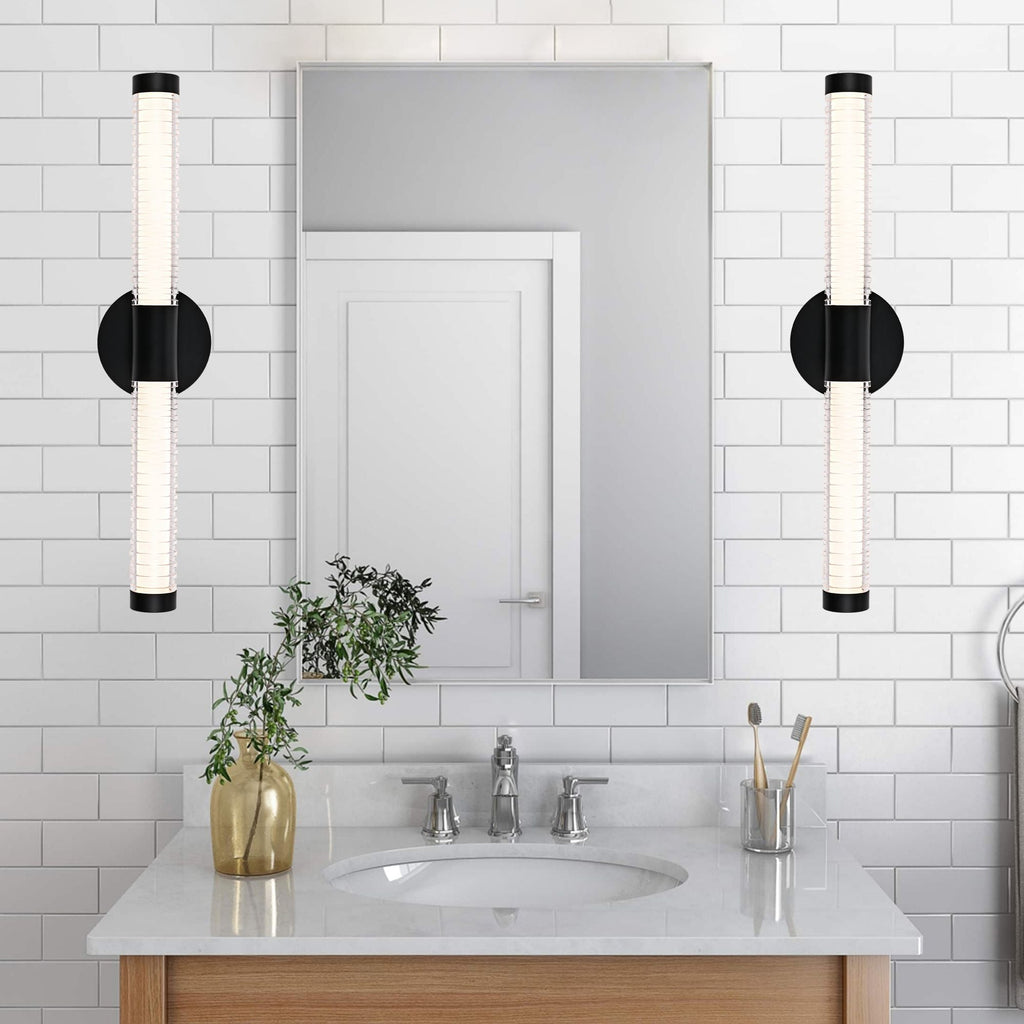 Modern Minimalist LED Vanity Wall Sconce-Matte Black Metal with Ribbed Acrylic Diffuser, Dimmable Warm White Light for Bathroom, Bedroom & Hallway - MC Online