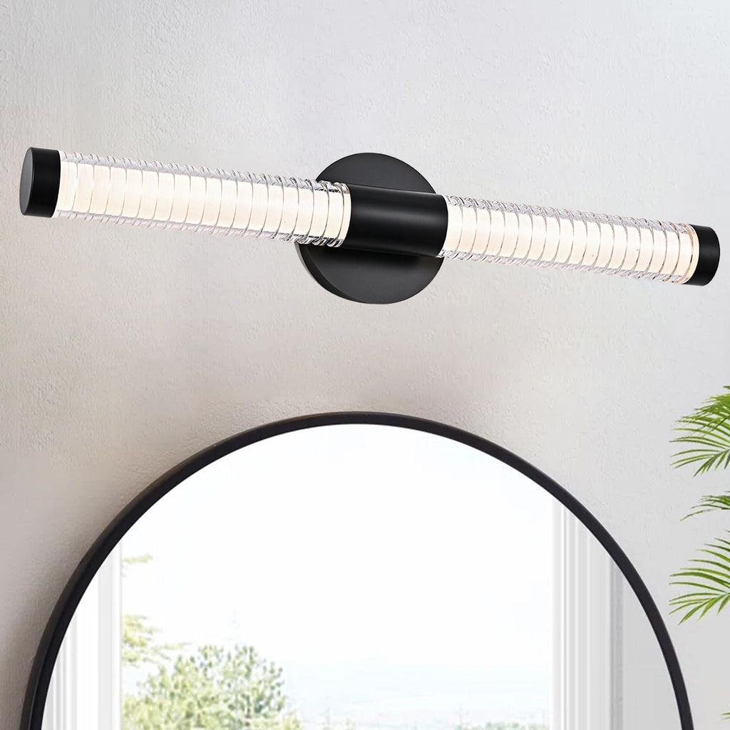 Modern Minimalist LED Vanity Wall Sconce-Matte Black Metal with Ribbed Acrylic Diffuser, Dimmable Warm White Light for Bathroom, Bedroom & Hallway - MC Online