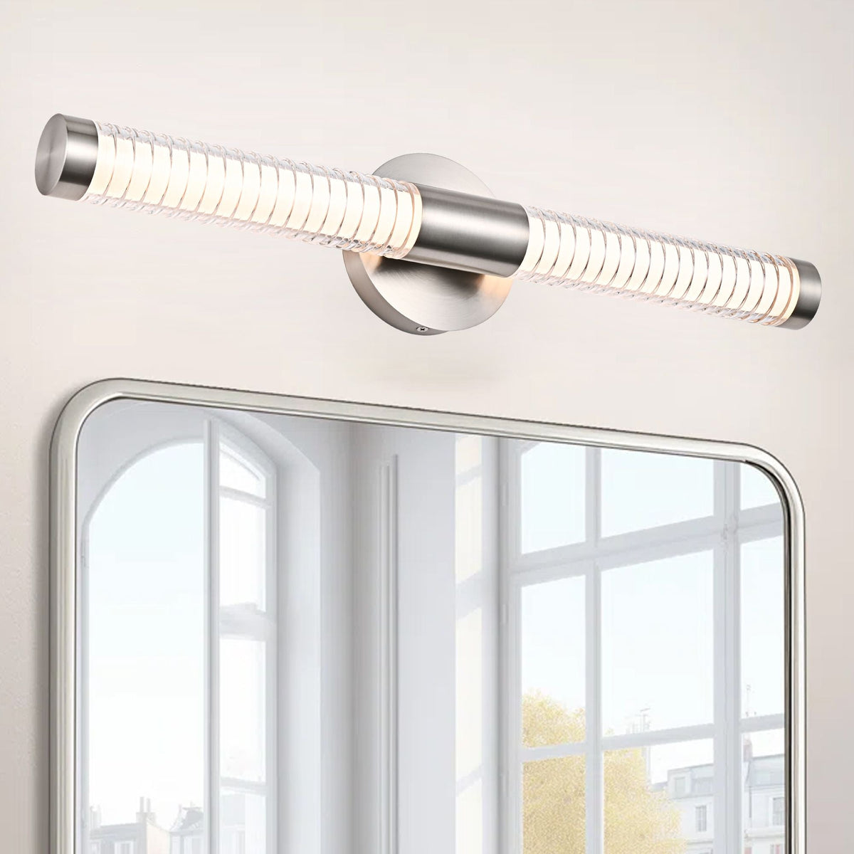 Modern Minimalist LED Vanity Wall Sconce-Matte Black Metal with Ribbed Acrylic Diffuser, Dimmable Warm White Light for Bathroom, Bedroom & Hallway - MC Online