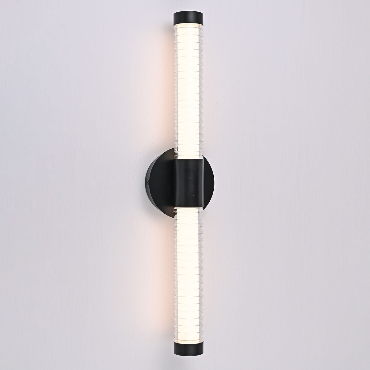 Modern Minimalist LED Vanity Wall Sconce-Matte Black Metal with Ribbed Acrylic Diffuser, Dimmable Warm White Light for Bathroom, Bedroom & Hallway - MC Online