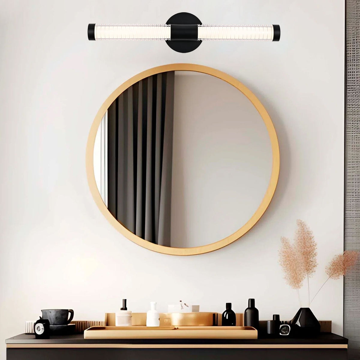 Modern Minimalist LED Vanity Wall Sconce-Matte Black Metal with Ribbed Acrylic Diffuser, Dimmable Warm White Light for Bathroom, Bedroom & Hallway - MC Online