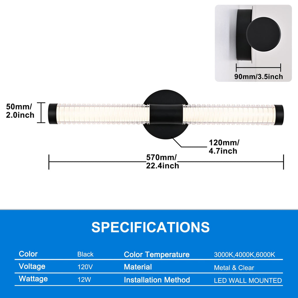 Modern Minimalist LED Vanity Wall Sconce-Matte Black Metal with Ribbed Acrylic Diffuser, Dimmable Warm White Light for Bathroom, Bedroom & Hallway - MC Online