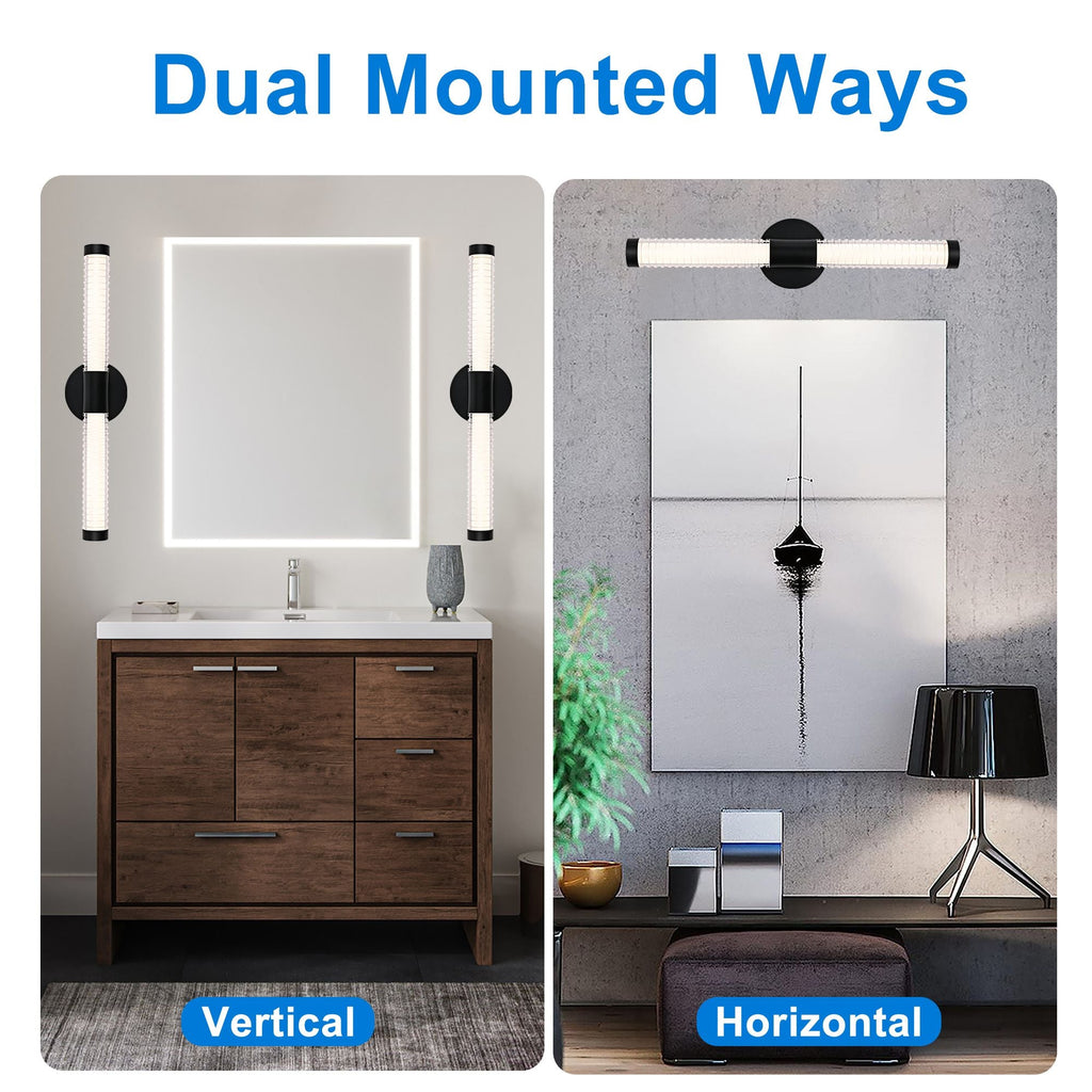 Modern Minimalist LED Vanity Wall Sconce-Matte Black Metal with Ribbed Acrylic Diffuser, Dimmable Warm White Light for Bathroom, Bedroom & Hallway - MC Online