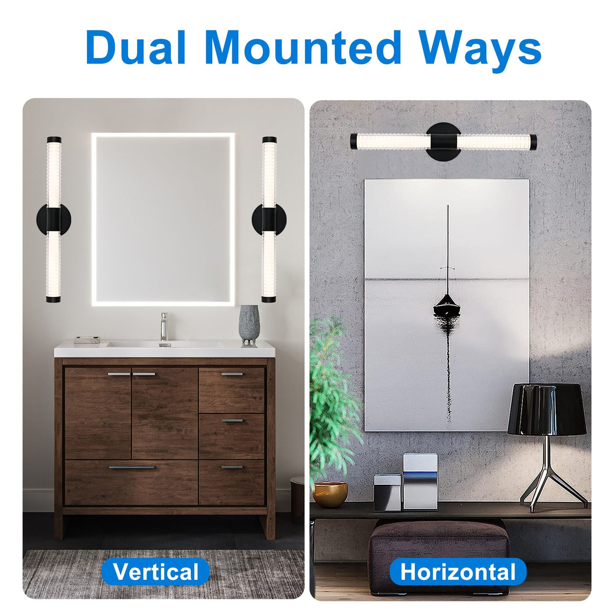 Modern Minimalist LED Vanity Wall Sconce-Matte Black Metal with Ribbed Acrylic Diffuser, Dimmable Warm White Light for Bathroom, Bedroom & Hallway - MC Online