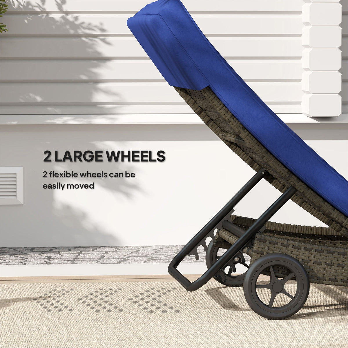 Patio Wicker Chaise Lounge Chair, Outdoor PE Rattan Sun lounger with Adjustable Backrest and 2 Wheels, Dark Blue - MC Online