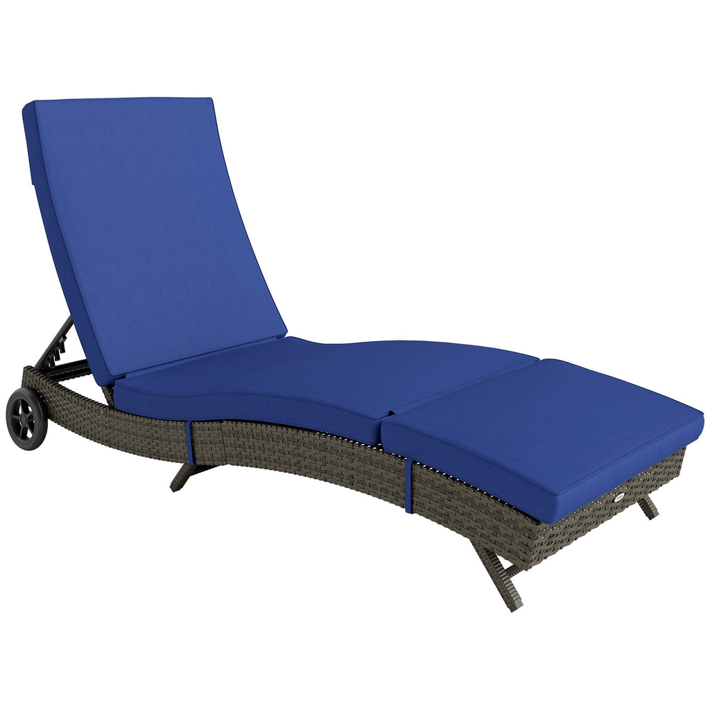Patio Wicker Chaise Lounge Chair, Outdoor PE Rattan Sun lounger with Adjustable Backrest and 2 Wheels, Dark Blue - MC Online