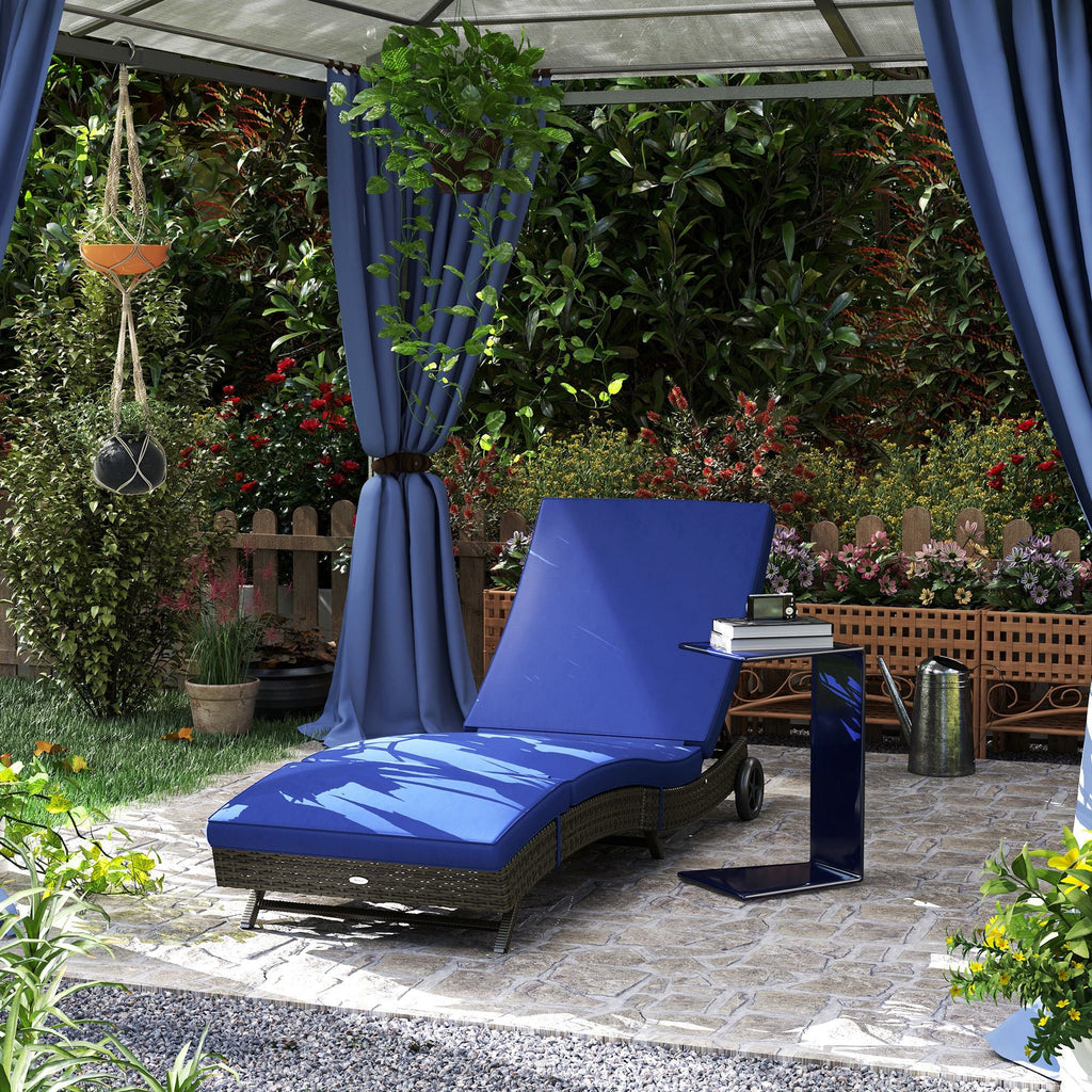 Patio Wicker Chaise Lounge Chair, Outdoor PE Rattan Sun lounger with Adjustable Backrest and 2 Wheels, Dark Blue - MC Online