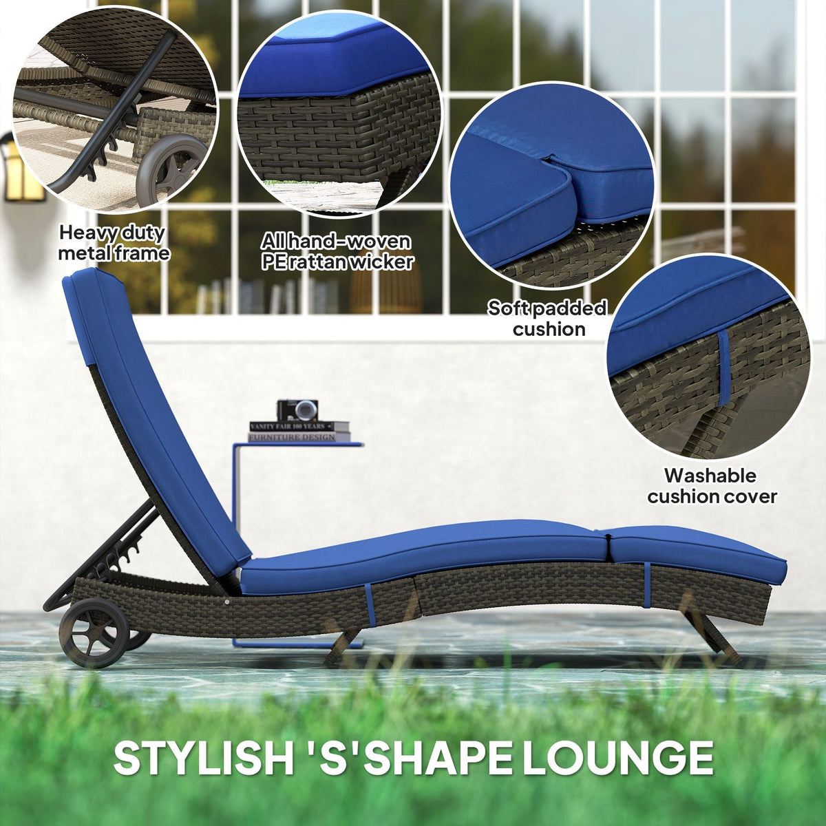 Patio Wicker Chaise Lounge Chair, Outdoor PE Rattan Sun lounger with Adjustable Backrest and 2 Wheels, Dark Blue - MC Online