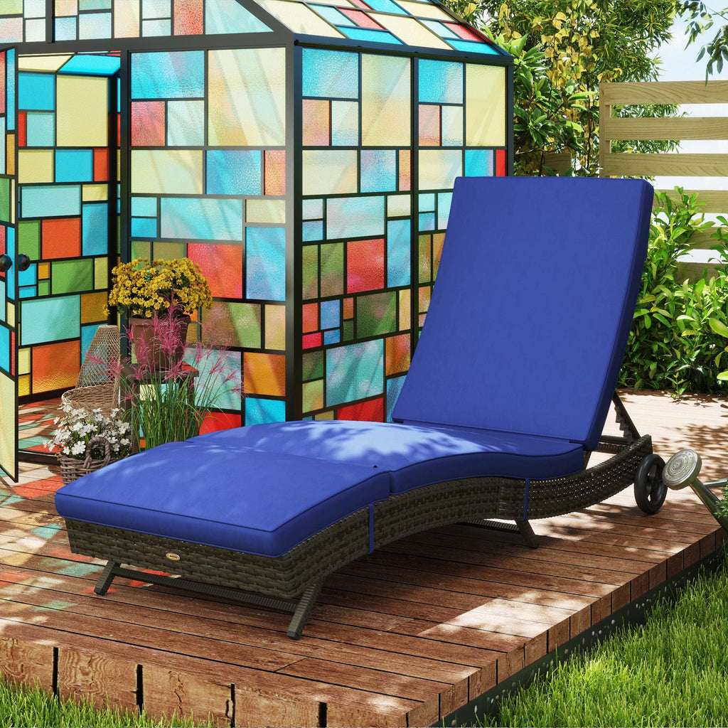 Patio Wicker Chaise Lounge Chair, Outdoor PE Rattan Sun lounger with Adjustable Backrest and 2 Wheels, Dark Blue - MC Online