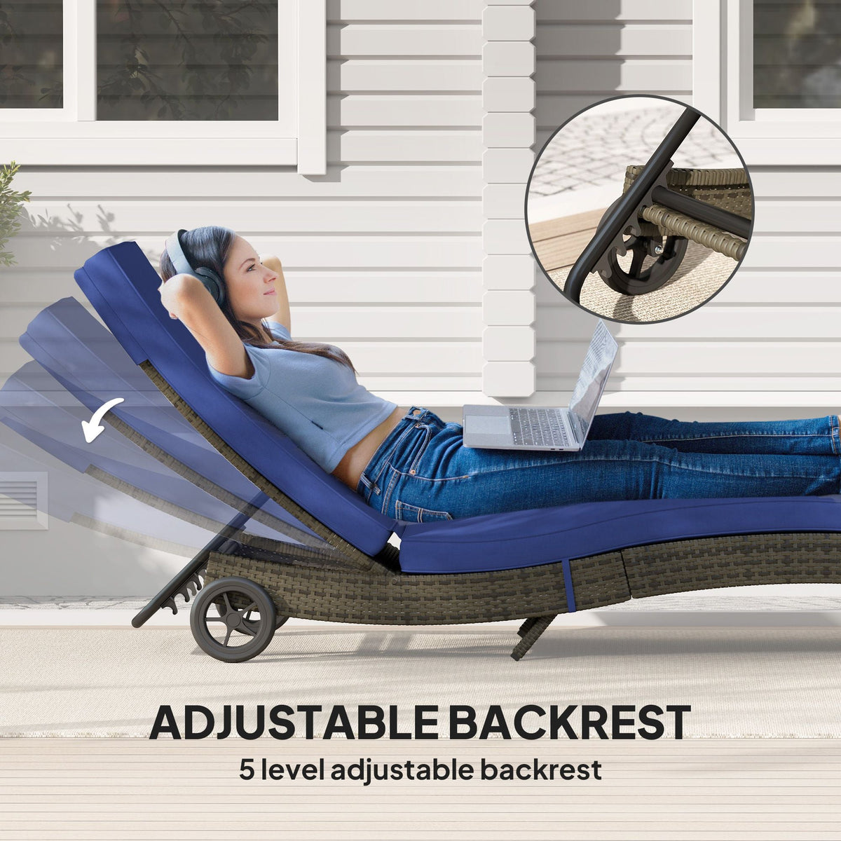 Patio Wicker Chaise Lounge Chair, Outdoor PE Rattan Sun lounger with Adjustable Backrest and 2 Wheels, Dark Blue - MC Online