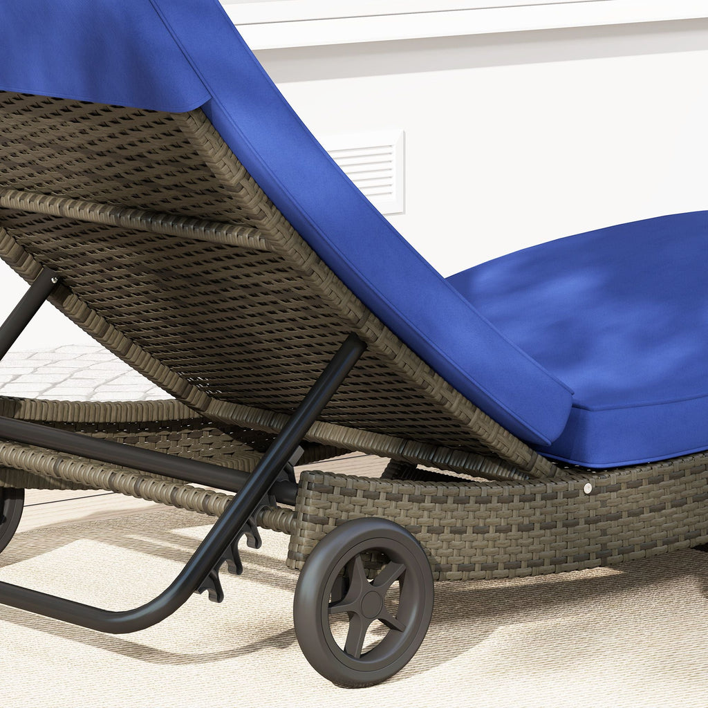 Patio Wicker Chaise Lounge Chair, Outdoor PE Rattan Sun lounger with Adjustable Backrest and 2 Wheels, Dark Blue - MC Online
