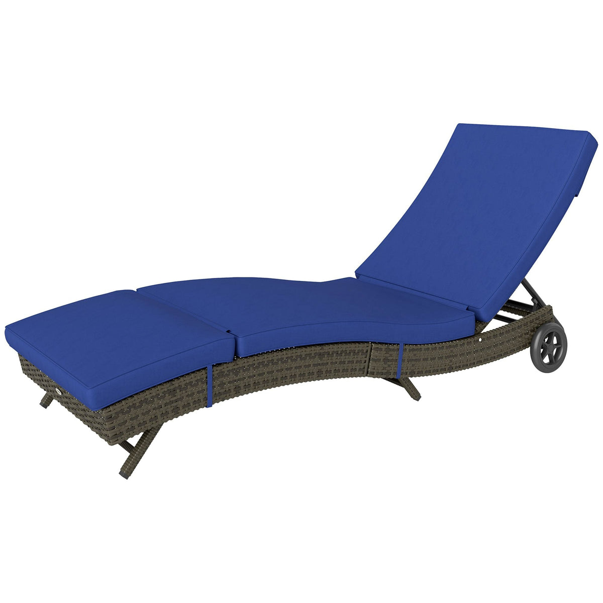 Patio Wicker Chaise Lounge Chair, Outdoor PE Rattan Sun lounger with Adjustable Backrest and 2 Wheels, Dark Blue - MC Online