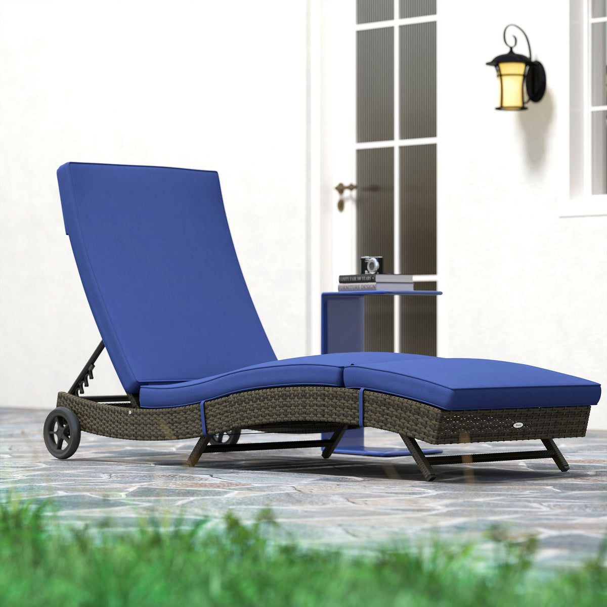 Patio Wicker Chaise Lounge Chair, Outdoor PE Rattan Sun lounger with Adjustable Backrest and 2 Wheels, Dark Blue - MC Online