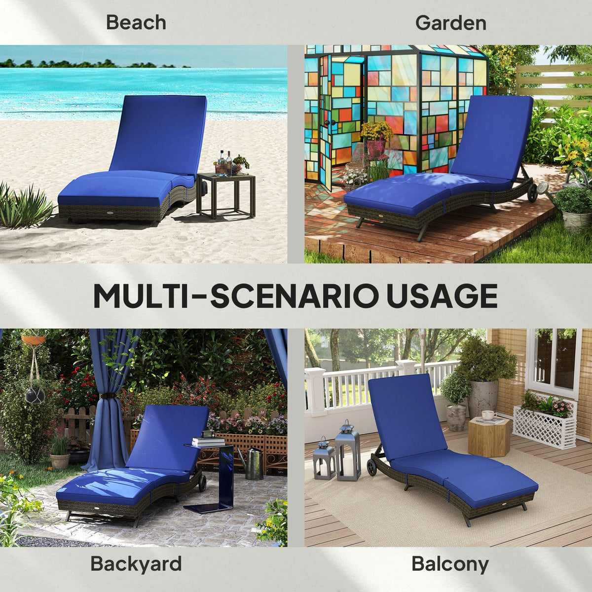 Patio Wicker Chaise Lounge Chair, Outdoor PE Rattan Sun lounger with Adjustable Backrest and 2 Wheels, Dark Blue - MC Online