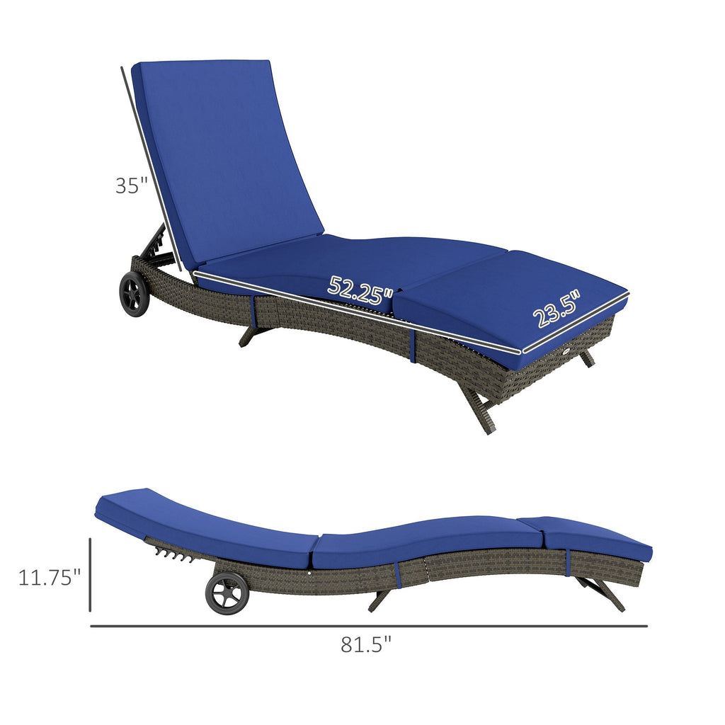 Patio Wicker Chaise Lounge Chair, Outdoor PE Rattan Sun lounger with Adjustable Backrest and 2 Wheels, Dark Blue - MC Online