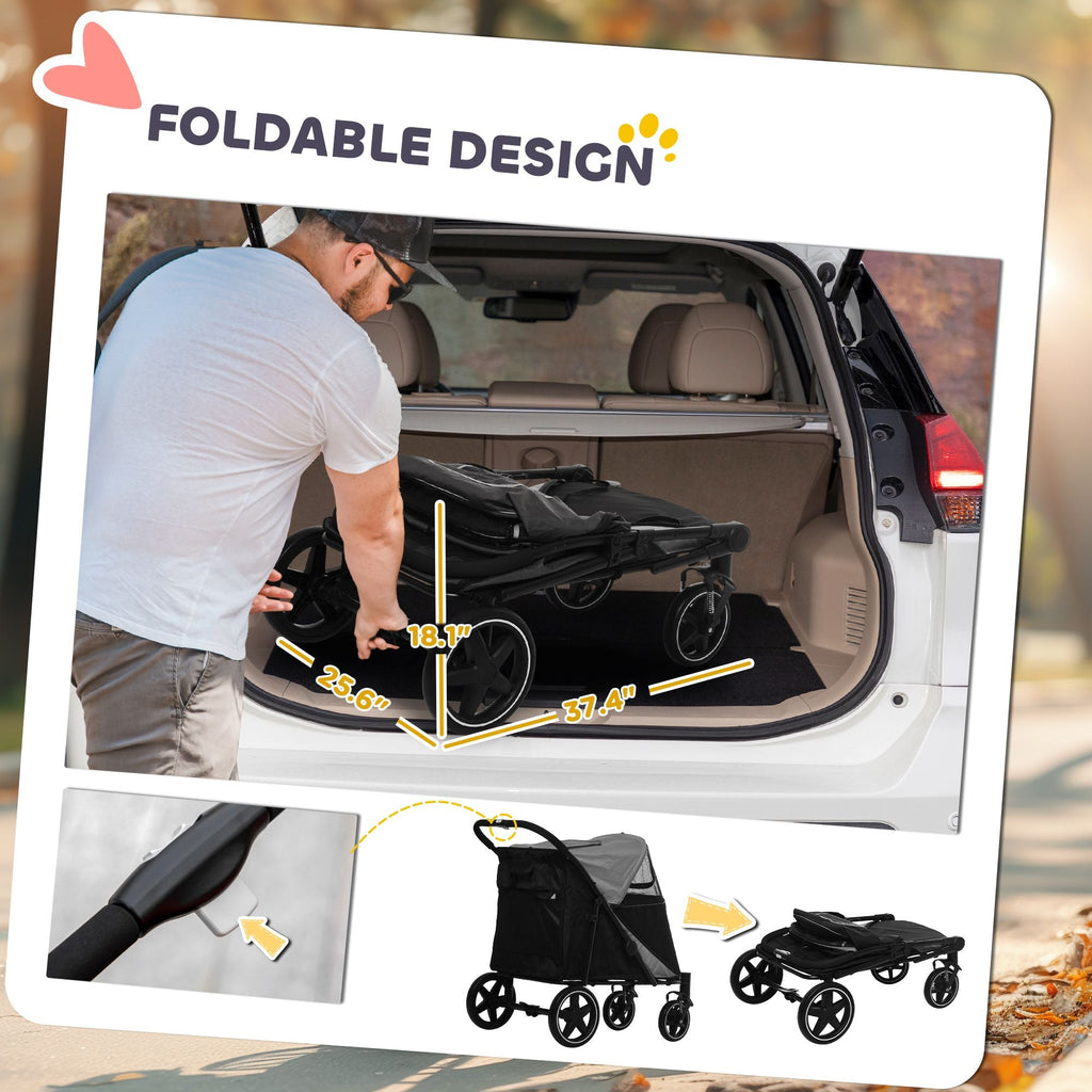 Pet Stroller Dog Cat Carriage One Click Fold with Universal Front Wheels Shock Absorber Brakes Storage Bags Mesh Window - MC Online