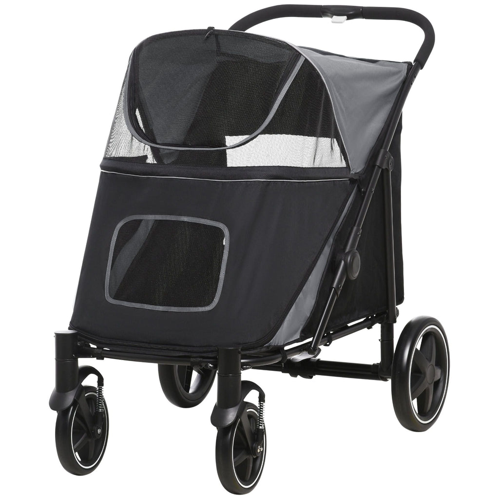 Pet Stroller Dog Cat Carriage One Click Fold with Universal Front Wheels Shock Absorber Brakes Storage Bags Mesh Window - MC Online